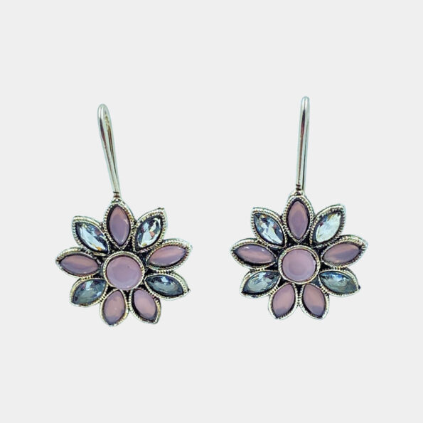 MilePearl Oxidized Flower Hook Pink Dangle Earrings with Antique Finish for Women & Girls