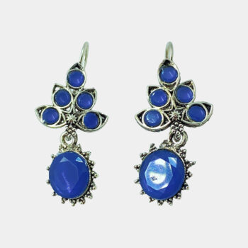 Oxidised Silver Floral Design Blue Hoop Earrings for Women & Girls