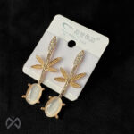 Oval Stone-Studded With Leaf Embellishment Drop Earrings