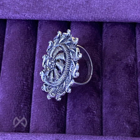 Silver Oxidised Toned Adjustable Swirl Statement Ring