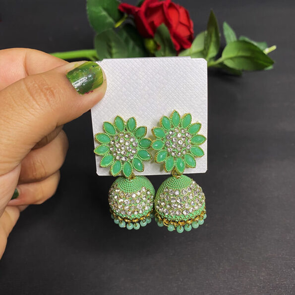 Trendy Floral Design Jhumka Earring Beads Alloy Bud Green for Women