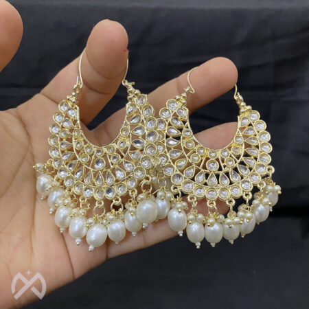 White Color Kundan Pearl Drop Bali Earrings