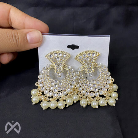 White Gold Plated Intricately Designed Traditional Chandbali Earrings Glided With Kundans & Pearls